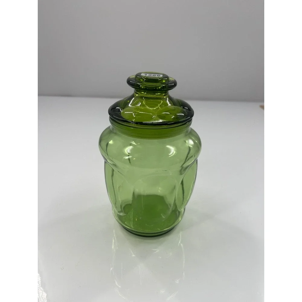 Vintage Green Glass Apothecary Jar Thumbprint Canister with Lid 6.5 Inch